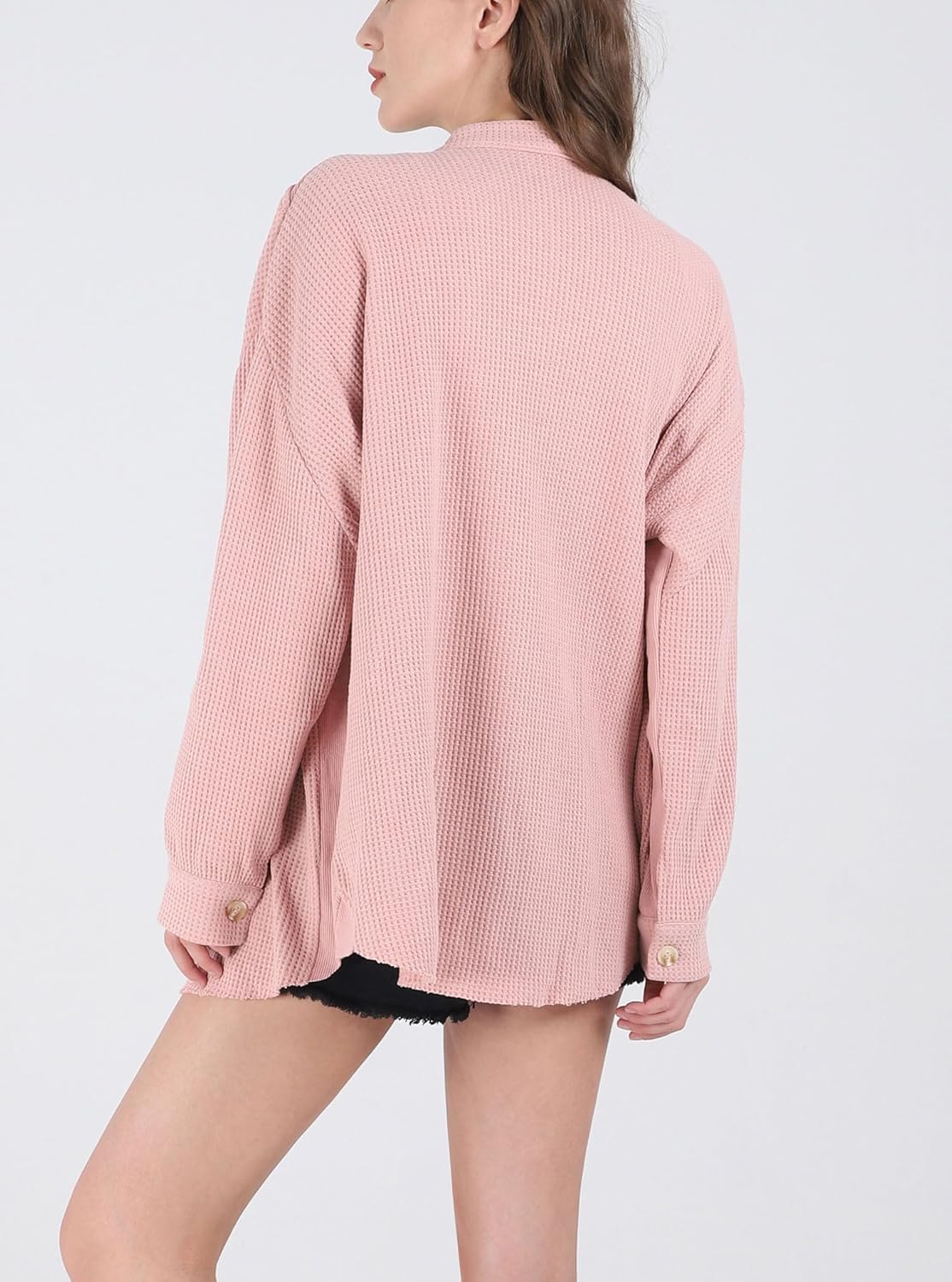 Women's Loose Fit Batwing Sleeve Waffle Knit Button Down Shirt