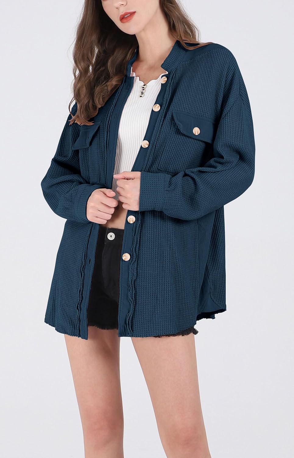 Women's Loose Fit Batwing Sleeve Waffle Knit Button Down Shirt
