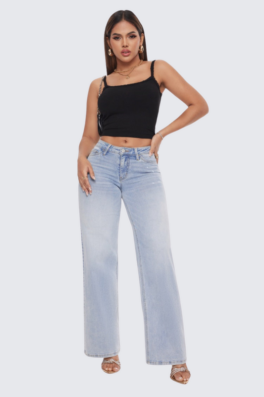 Women’s Baggy Wide-Leg Jeans – Mid-Low Rise, Stretchy & Comfortable