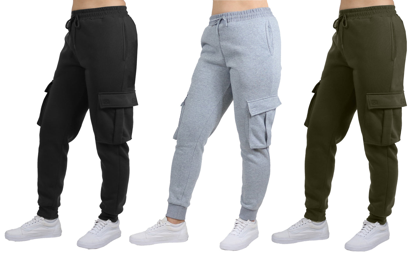 Women's Loose Fit Fleece Jogger Sweatpants with Velcro Cargo Pockets-3 Pack