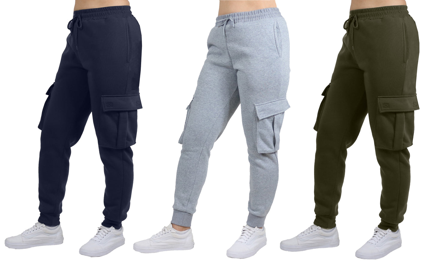 Women's Loose Fit Fleece Jogger Sweatpants with Velcro Cargo Pockets-3 Pack