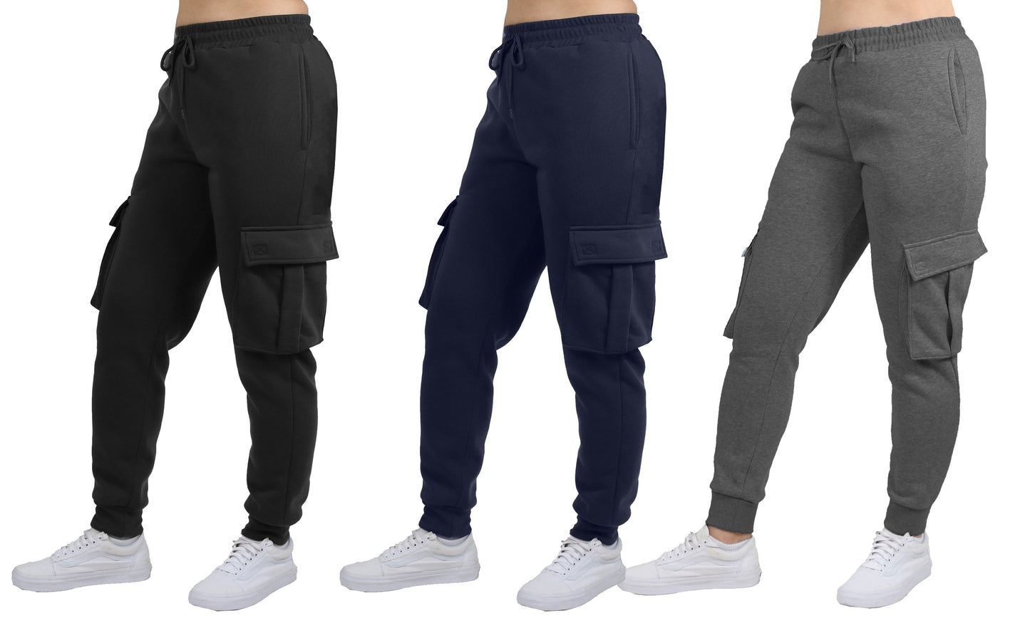 Women's Loose Fit Fleece Jogger Sweatpants with Velcro Cargo Pockets-3 Pack