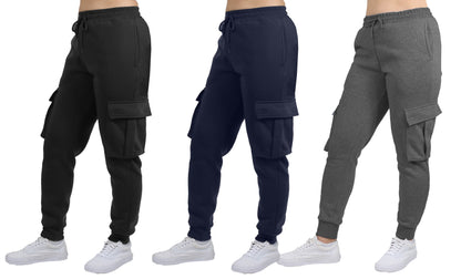 Women's Loose Fit Fleece Jogger Sweatpants with Velcro Cargo Pockets-3 Pack