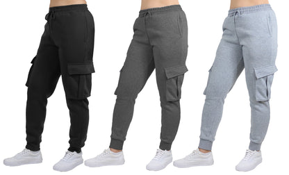 Women's Loose Fit Fleece Jogger Sweatpants with Velcro Cargo Pockets-3 Pack
